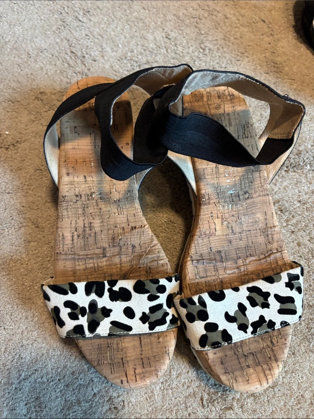 Anne Klein Black & White Animal Print Cork Wedge Sandals